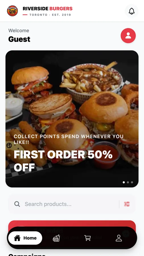 Riverside Burgers app home screen