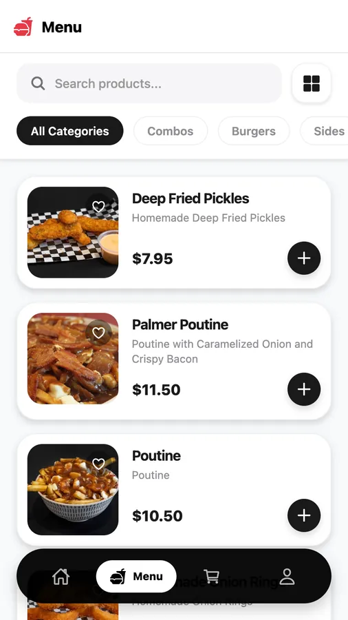 Riverside Burgers app menu screen