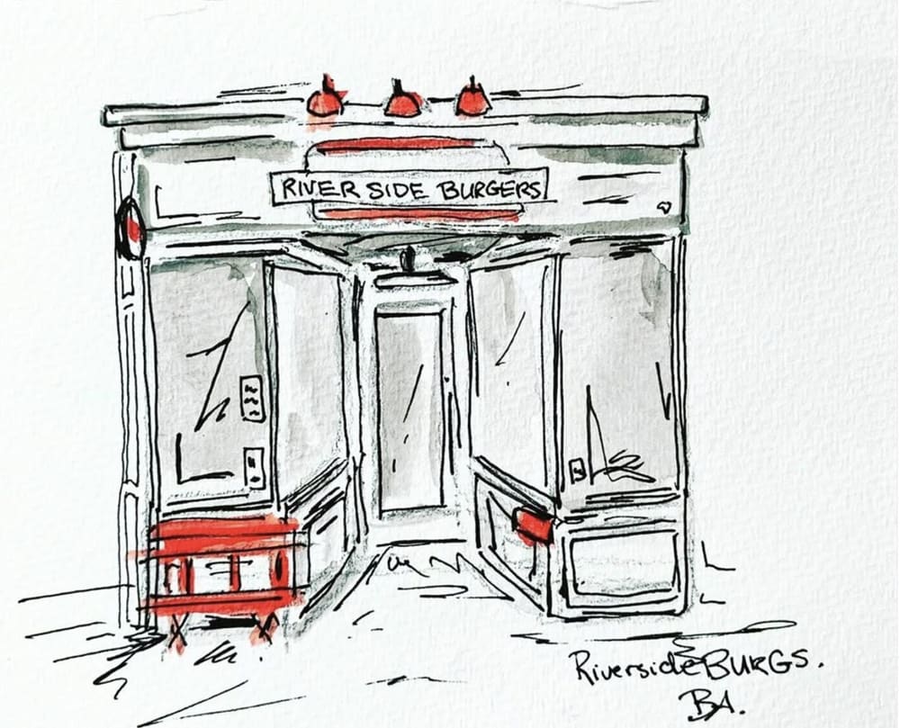 Ink and watercolour sketch of the Riverside Burgers storefront